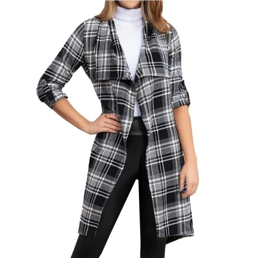 Plaid Open Front Cardigan size XL, open front, 3/4 sleeve, longer fit